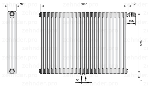 Схема (чертеж) Радиатор Zehnder Charleston 3150/22 №V008 Белый глянцевый RAL 9016